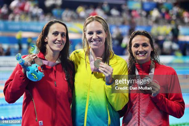 Silver medalist Kylie Masse of Canada, gold medalist Emily Seebohm of Australia and bronze medalist Georgia Davies of Wales pose during the medal...