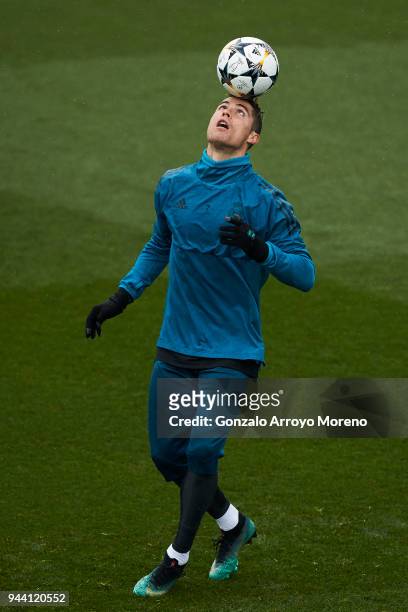 Cristiano Ronaldo of Real Madrid CF controls the ball during a training session ahead of their UEFA Champions LEague quarter final second leg match...