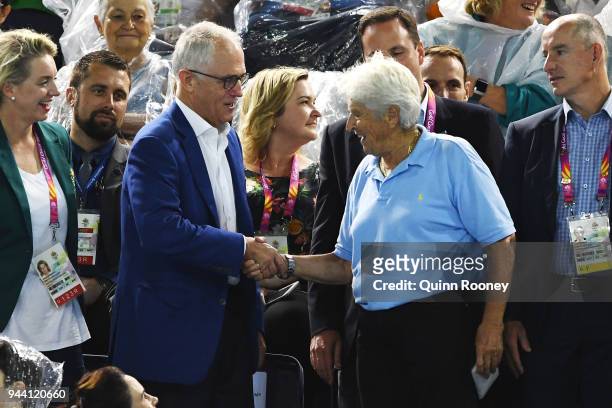Prime Minister of Australia Malcolm Turnbull meets with Dawn Fraser during the swimming on day six of the Gold Coast 2018 Commonwealth Games at Optus...