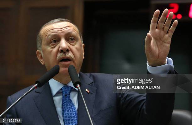 Turkish President and the leader of the Justice and Development Party Recep Tayyip Erdogan delivers a speech during the AK Party's parliamentary...