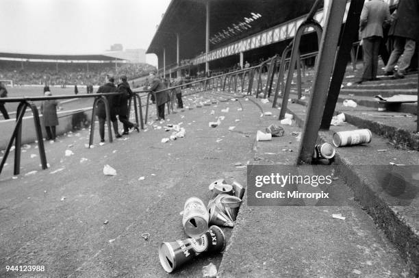 Rangers 1-0 Aberdeen, Scottish FA Cup match, Ibrox, Glasgow, Scotland, 6th March 1971. Face of Britain 1971 Feature. Litter on terraces after match.