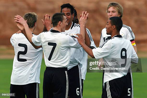 German players celebrate a goal during the Under-18 international friendly on December 14, 2009 in Kfar Saba, Israel. Germany, Hungary, Serbia and...