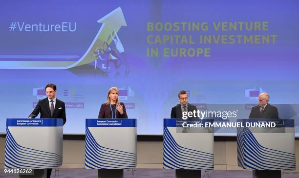 European Commissioners Jyrki Katainen, Elzbieta Bienkowska, Carlos Moedas and the Chief Executive of the European Investment Fund Pier Luigi Gilibert...