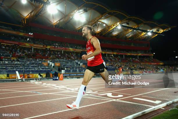 Ben Gregory of Wales crosses the line to win the Men's Decathlon 1500 metres during the Athletics on day six of the Gold Coast 2018 Commonwealth...