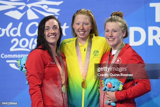 Silver medalist Morgan Bird of Canada, gold medalist Lakeisha Patterson of Australia and bronze medalist Abigail Tripp of Canada pose during the...