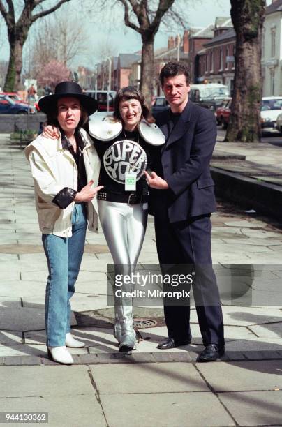 Twenty year old fan of Slade, Di Daley from Manchester dresses for the part in her super yob outfit when she met Dave Hill and Don Powell at the...