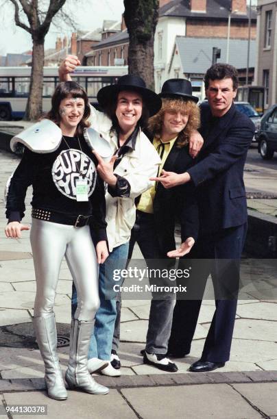 Twenty year old fan of Slade, Di Daley from Manchester dresses for the part in her super yob outfit when she met Dave Hill and Don Powell at the...