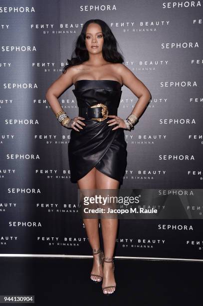 Rihanna attends Sephora loves Fenty Beauty by Rihanna launch event on April 5, 2018 in Milan, Italy.
