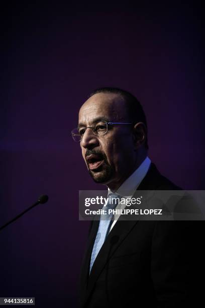 Saudi Arabia's Minister of Energy, Industry and Mineral Resources Khalid Al-Falih speaks during the Saudi-France CEO Forum in Paris on April 10,...