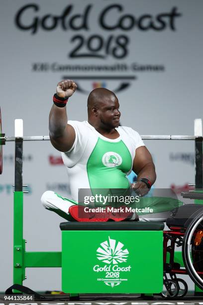 Abdulazeez Ibrahim of Nigeria Êcelebrates winning gold in the Men's Heavyweight Final during the Para Powerlifting on day six of the Gold Coast 2018...