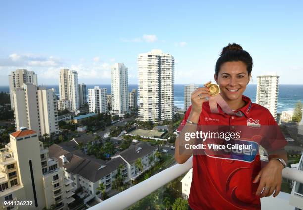 Aimee Willmott of England poses with her Gold medal at team England Headquarters in Main Beach on day six of the Gold Coast 2018 Commonwealth Games...