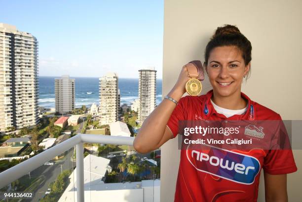 Aimee Willmott of England poses with her Gold medal at team England Headquarters in Main Beach on day six of the Gold Coast 2018 Commonwealth Games...