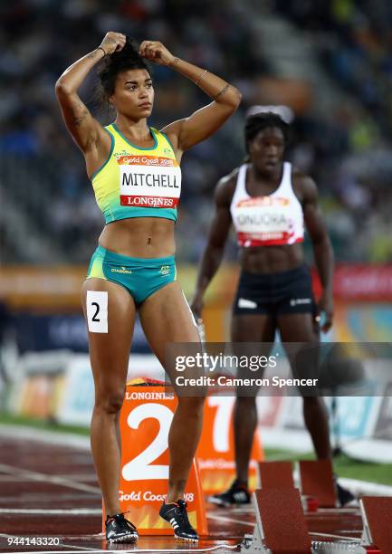 Morgan Mitchell of Australia looks on prior to the Women's 400 metres semi finals during the Athletics on day six of the Gold Coast 2018 Commonwealth...