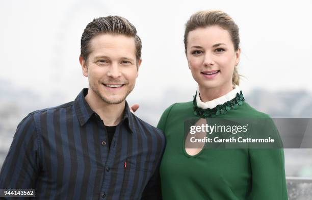 Actors Matt Czuchry and Emily VanCamp attend "The Resident" photocall at NBC Universal on April 10, 2018 in London, England.