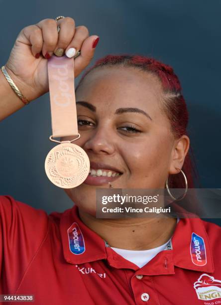 Emily Campbell of England poses with her Bronze medal at team England Headquarters in Main Beach on day six of the Gold Coast 2018 Commonwealth Games...