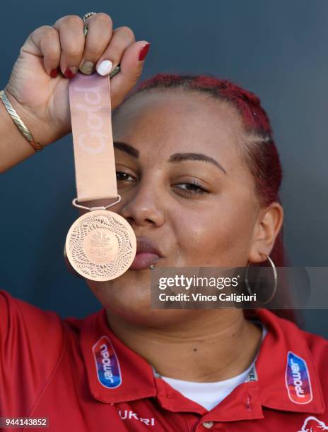Emily Campbell of England poses with her Bronze medal at team England Headquarters in Main Beach on day six of the Gold Coast 2018 Commonwealth Games...