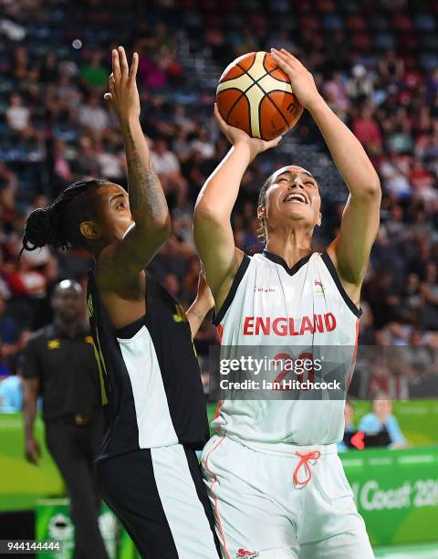Dominique Allen of England attempts a shot during the womens Qualifying Final between England and Jamaica on day six of the Gold Coast 2018...