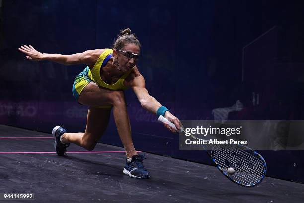 Donna Urquhart of Australia competes in the Women's Doubles Group D match between Australia and Canada during Squash on day six of the Gold Coast...