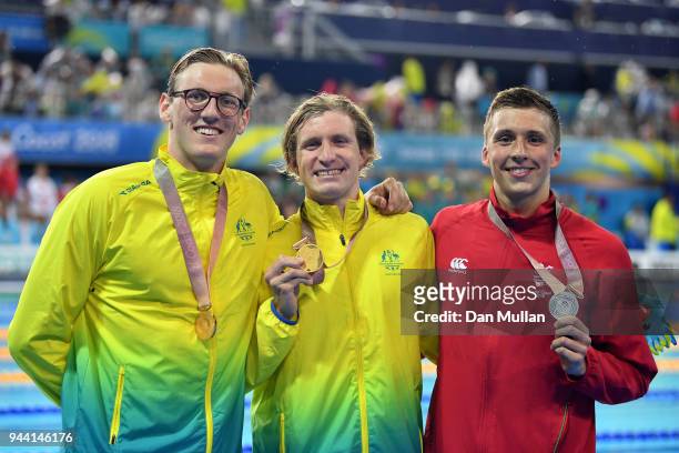 Silver medalist Daniel Jervis of Wales, gold medalist Jack McLoughlin of Australia and bronze medalist Mack Horton of Australia pose during the medal...