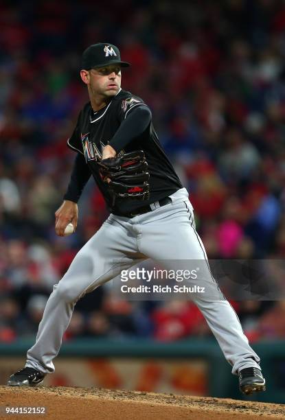 Jacob Turner of the Miami Marlins in action against the Philadelphia Phillies during a game at Citizens Bank Park on April 7, 2018 in Philadelphia,...