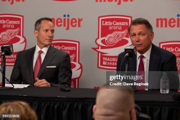 Christopher Ilitch, President and CEO, Ilitch Holdings, Inc. Governor, President and CEO, Detroit Red Wings holds a press conference announcing the...