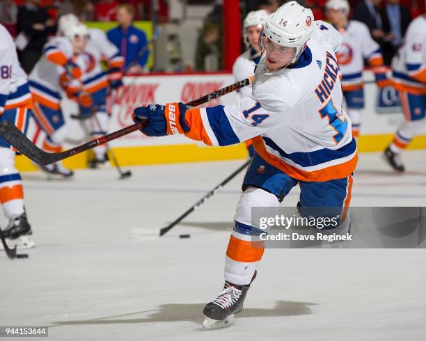 Thomas Hickey of the New York Islanders skates in warm-ups prior to an during an NHL game against the Detroit Red Wings at Little Caesars Arena on...