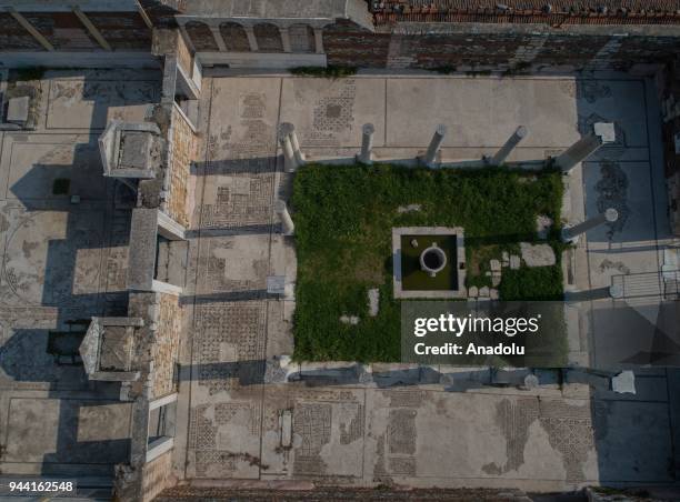 Drone photo shows the ruins of the largest synagogue known in the ancient world in Sardis Ancient City, capital of the kingdom of Lydia in iron age...