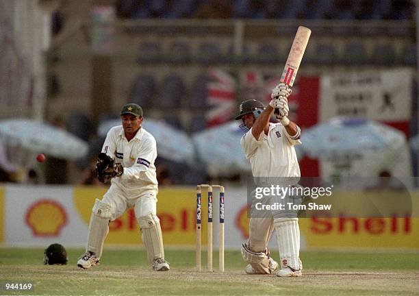Nasser Hussain of England in action during his first innings half-century during the Third Test match against Pakistan played at the National...