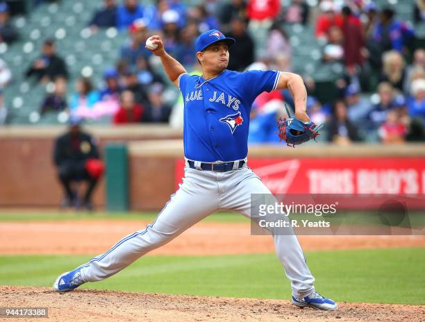 Roberto Osuna of the Toronto Blue Jays throws in the ninth inning against the Texas Rangers at Globe Life Park in Arlington on April 8, 2018 in...
