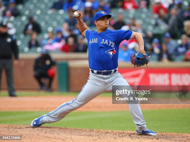 Roberto Osuna of the Toronto Blue Jays throws in the ninth inning against the Texas Rangers at Globe Life Park in Arlington on April 8, 2018 in...