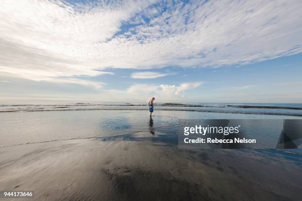 boy wading at water's edge - ankle deep in water fotografías e imágenes de stock