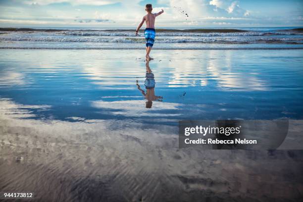 boy wading at water's edge - ankle deep in water fotografías e imágenes de stock