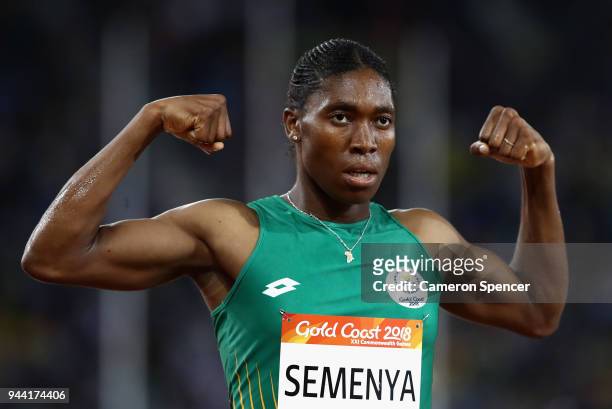 Caster Semenya of South Africa celebrates winning gold in the Women's 1500 metres final during the Athletics on day six of the Gold Coast 2018...