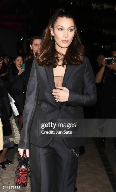 Bella Hadid arrives at the Dior Addict Lacquer Plump Party at 1 OAK on April 10, 2018 in Tokyo, Japan.