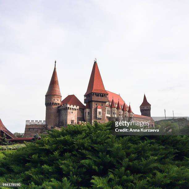 corvin castle, also known as hunyadi castle or hunedoara castle. it is one of the largest castles in europe and figures in a list of the seven wonders of romania. - hunedoara foto e immagini stock