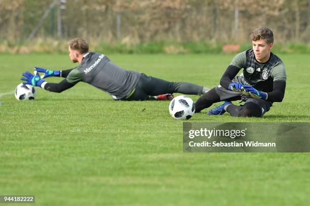 Finn Dahmen catches a ball during a training session at the DFB Elite Goalkeeper Camp on April 10, 2018 in Neustadt an der Donau, Germany.