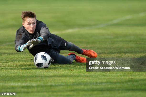 Diant Ramaj catches a ball during a training session at the DFB Elite Goalkeeper Camp on April 10, 2018 in Neustadt an der Donau, Germany.