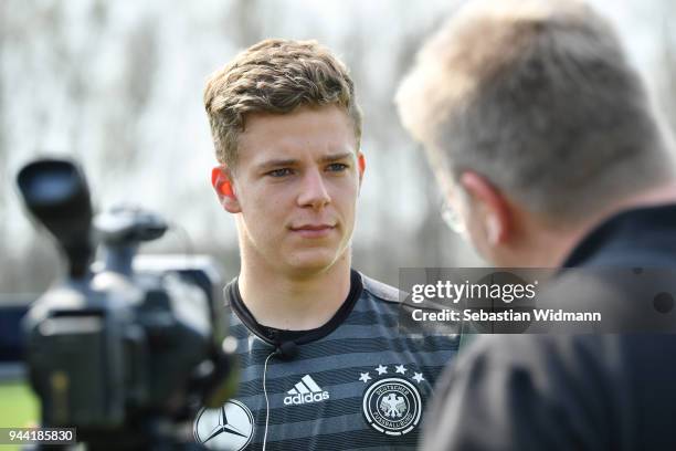 Finn Dahmen gives an interview after a training session during the DFB Elite Goalkeeper Camp on April 10, 2018 in Neustadt an der Donau, Germany.