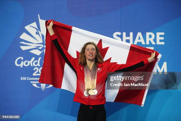 Taylor Ruck of Canada poses with the eight medals she won in the pool on day six of the Gold Coast 2018 Commonwealth Games at Optus Aquatic Centre on...