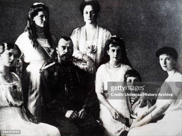 Photographic portrait of the Romanov Family. Pictured is Tsar Nicholas II, Tsarina Alexandra and their five children Olga, Tatiana, Maria, Anastasia...