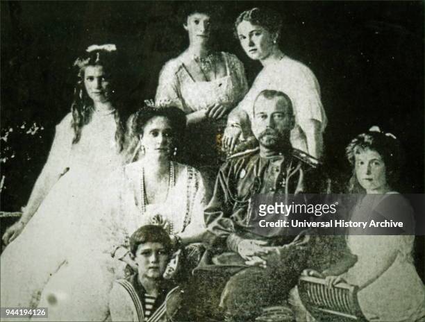 Photographic portrait of the Romanov Family. Pictured is Tsar Nicholas II, Tsarina Alexandra and their five children Olga, Tatiana, Maria, Anastasia...