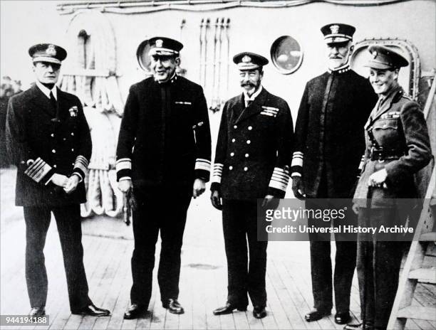 Photograph of US Admirals with King George V. Left to Right: David Beatty, 1st Earl Beatty , Admiral Hugh Rodman , King George V , William Sims , and...