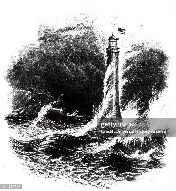 Engraving depicting Bell Rock Lighthouse, located off the coast of Angus, Scotland, designed by Robert Stevenson. Robert Stevenson a Scottish civil...