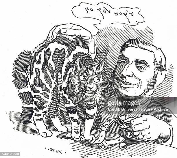 Cartoon depicting George Goschen, 1st Viscount Goschen commenting on his proposed tax on cats. George Goschen, 1st Viscount Goschen a British...