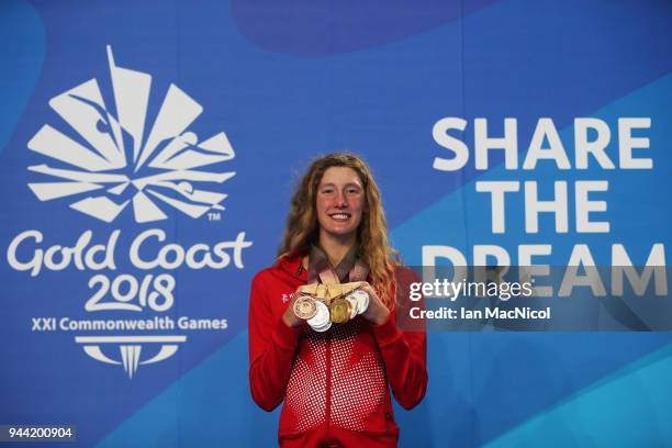 Taylor Ruck of Canada poses with the eight medals she won in the pool on day six of the Gold Coast 2018 Commonwealth Games at Optus Aquatic Centre on...