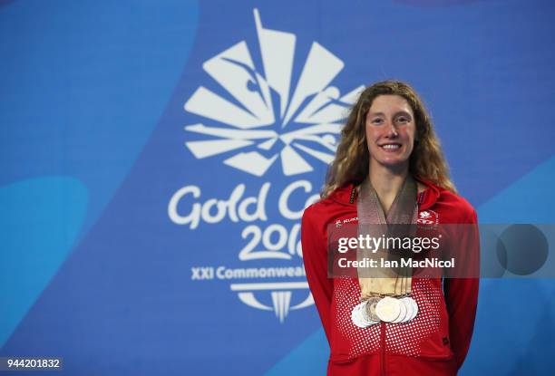 Taylor Ruck of Canada poses with the eight medals she won in the pool on day six of the Gold Coast 2018 Commonwealth Games at Optus Aquatic Centre on...