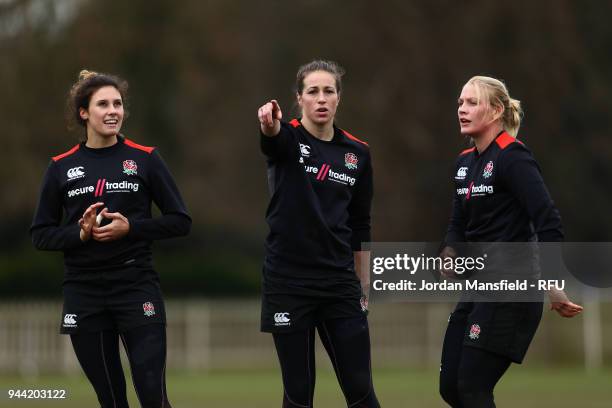 Abbie Brown, Emily Scarratt and Alex Matthews of England during England Sevens Women Training at Bisham Abbey on March 9, 2018 in Marlow, England.