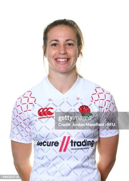 Emily Scarratt of England poses for a portrait during the England Women's Sevens Squad Photo call at Bisham Abbey on March 9, 2018 in Marlow, England.