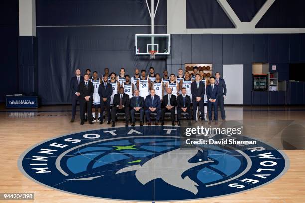 The Minnesota Timberwolves pose for a team photo Mayo Clinic Square on April 3, 2018 in Minneapolis, Minnesota. NOTE TO USER: User expressly...