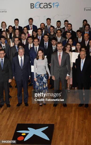 King Felipe of Spai and Queen Letizia of Spain deliver 'La Caixa' Scholarships at Caixa Forum cultural center on April 10, 2018 in Madrid, Spain